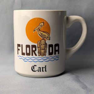 Vintage Mug Or Cup Florida Pelican Name Carl Ocean Water Orange Blue Brown Wear